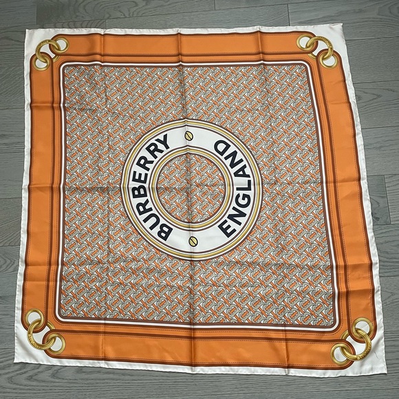 Burberry Print Logo Silk Orange Twill Scarf - Picture 6 of 16